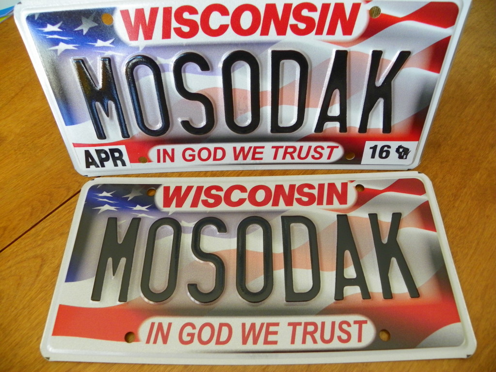 Proclaiming our love for Missouri and South Dakota people and places on our Wisconsin license plates. [Gretchen Lord Anderson photo]