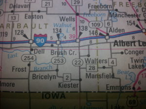 Wells, MN, is just north of I-90 in the north-center part of the map. Kiester is straight south in the lower-center.